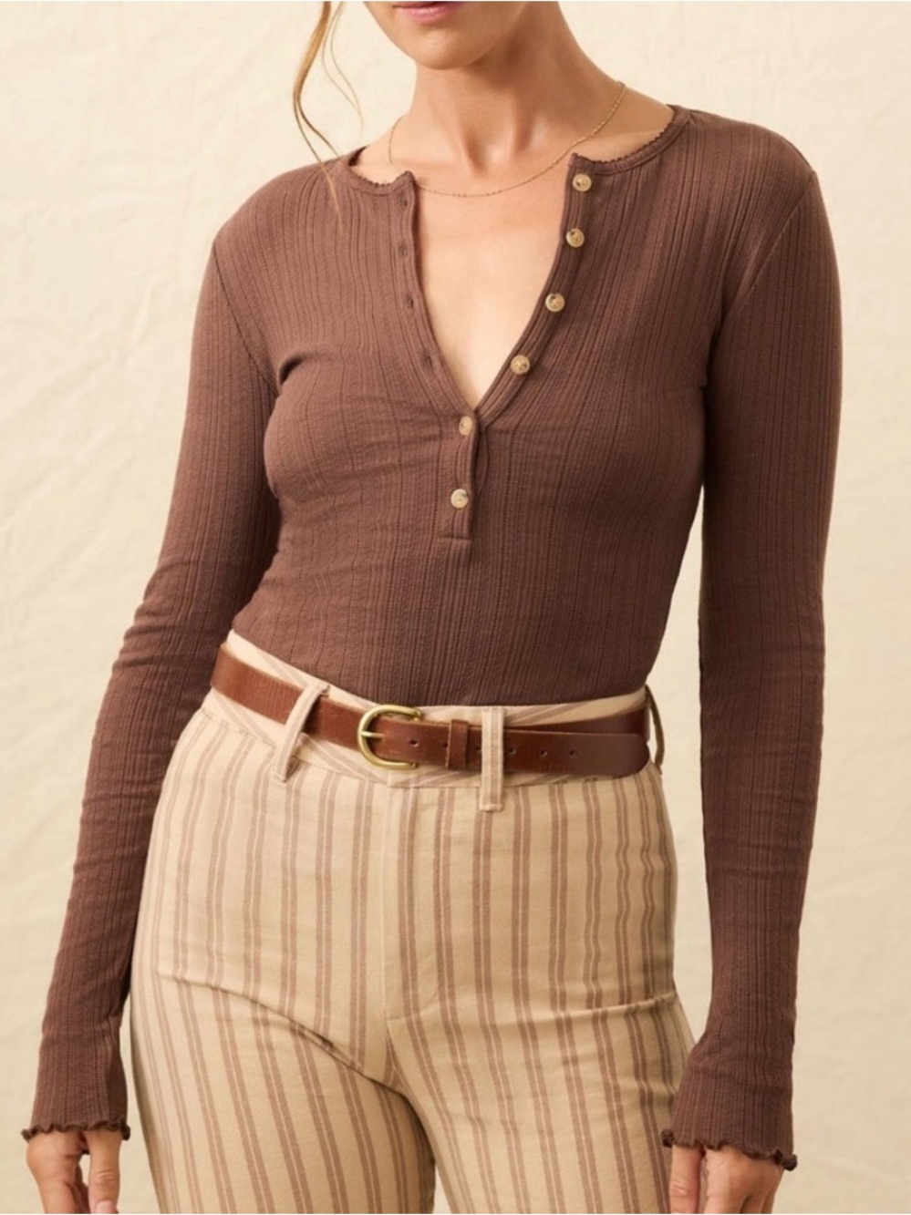 Faherty Paradise Pointelle Brown Ribbed Henley LS Top XXL Organic Cotton Thermal